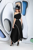 Rosellon drape dress by Kevan Jon in two tone black with white  piping