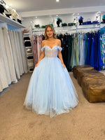 Glinda by Tiffany’s tulle bardot prom dress in baby blue, lilac