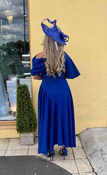 Lexi Bardot on off shoulder dip hemline midi skater dress royal blue Deja Elite Boutique Lexi Bardot on off shoulder dip hemline midi skater dress royal blue Deja Elite Boutique