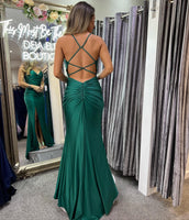 Julianna Forrest green backless slinky prom dress