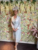Olivia Mother of the bride or groom two piece suit in silver, chiffon jacket and shift dress