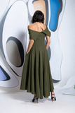 Kristina flare dip hem midi dress by Kevan Jon in Olive Green