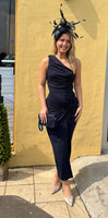 Niomi Navy one shoulder knot skirt midi dress