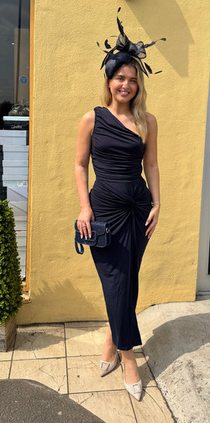 Niomi Navy one shoulder knot skirt midi dress
