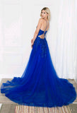 Celine lace and tulle backless prom dress with long train royal blue, red, green