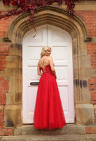 Sophena red corset back tulle ballgown