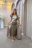 Kris Bardot knee dress with overskirt in mocha by Kevan Jon