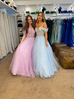 Glinda by Tiffany’s tulle bardot prom dress in baby blue, lilac