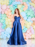 Acacia satin prom dress by Tiffanys in green, red, navy