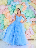 AKIRA layered tulle prom dress by Tiffanys prom in bluebell, coral and dark green