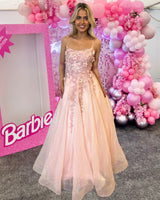 Millie blush pink flower appliqué backless prom dress ballgown