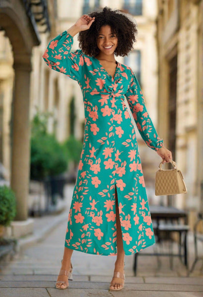 Rita twist midi dress in floral green and coral Deja Elite Boutique Rita twist midi dress in floral green and coral Deja Elite Boutique
