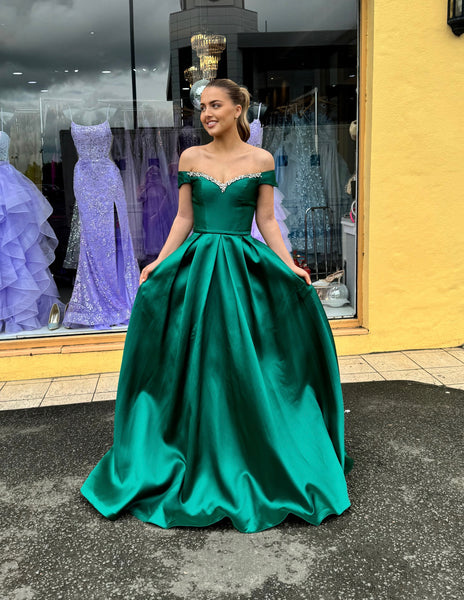 Green goddess Bardot satin Ballgown SALE size 4 fits 6 Deja Elite Boutique Green goddess Bardot satin Ballgown SALE size 4 fits 6 Deja Elite Boutique