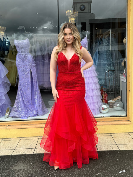 Jayden red fishtail layered tulle prom dress ONE OFF SALE DRESS