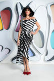 Eugenia flare dip hem midi dress by Kevan Jon in black and white