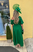Lexi Bardot on off shoulder dip hemline midi skater dress Forrest green