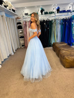 Glinda by Tiffany’s tulle bardot prom dress in baby blue, lilac