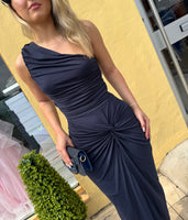 Niomi Navy one shoulder knot skirt midi dress