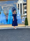 Bonita Bow Bardot skater midi dress in navy blue