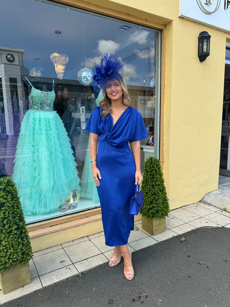 Angel sleeve satin twist midi dress royal blue Deja Elite Boutique Angel sleeve satin twist midi dress royal blue Deja Elite Boutique