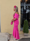 Arabella Bardot flare midi dress by Kevan Jon bright pink