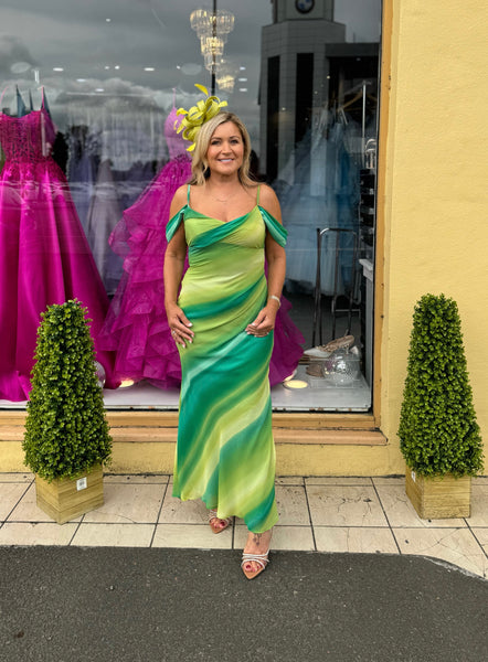 Julia ombr green, lime Bardot midi dress Deja Elite Boutique Julia ombr green, lime Bardot midi dress Deja Elite Boutique