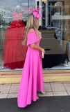 Kristina flare dip hem midi dress by Kevan Jon in hot pink