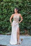 Fizz satin Diamante champagne fitted prom dress