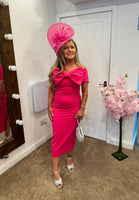 Kevan Jon Boo bow Bardot midi dress in hot pink