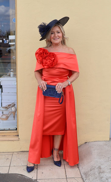 Kris satin midi dress with removable over skirt by Kevan Jon tangerine