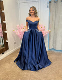 Carey navy satin Bardot ballgown prom dress