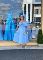 Bonita Bow Bardot skater midi dress in baby blue