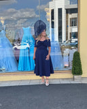 Bonita Bow Bardot skater midi dress in navy blue