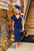 Bobbie plunge ruffle midi dress by Kevan Jon navy blue