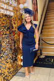 Bobbie plunge ruffle midi dress by Kevan Jon navy blue
