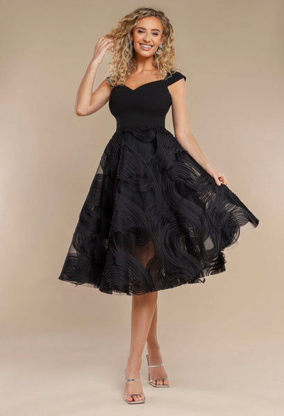Eliza Bardot skater scuba and chiffon midi dress in black