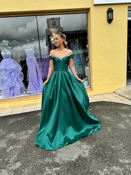 Green goddess Bardot satin Ballgown SALE size 4 fits 6 Deja Elite Boutique Green goddess Bardot satin Ballgown SALE size 4 fits 6 Deja Elite Boutique