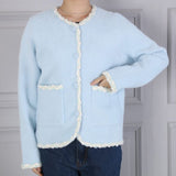Parisian style Boucle trim fluffy cardigan in baby blue