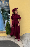 Lexi Bardot on off shoulder dip hemline midi skater dress in wine