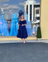 Bonita Bow Bardot skater midi dress in navy blue