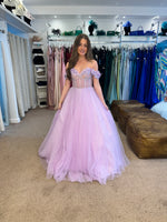 Glinda by Tiffany’s tulle bardot prom dress in baby blue, lilac