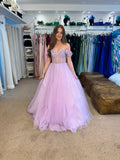 Glinda by Tiffany’s tulle bardot prom dress in baby blue, lilac