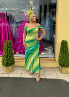 Julia ombré green, lime Bardot midi dress