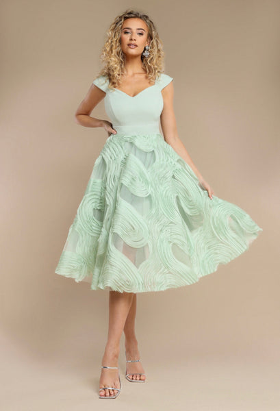 Eliza Bardot skater scuba and chiffon midi dress in sage green