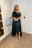Kris satin midi dress with removable over skirt by Kevan Jon in British Racing Green