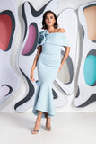 Arabella roset flare midi dress by Kevan Jon in Dusty blue
