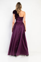 Kevan Jon Harmoni corsage one shoulder jumpsuit with removable over skirt plum