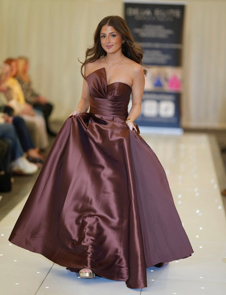 Sloane satin ballgown prom dress in espresso