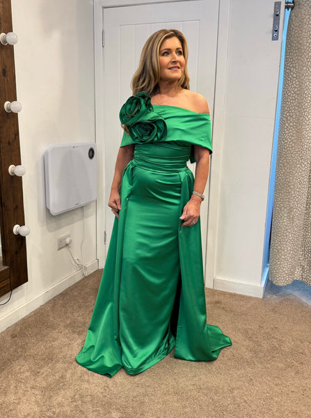 Kris satin maxi dress with removable over skirt by Kevan Jon in Emerald  Green