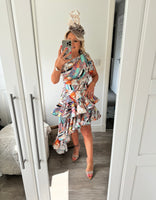 Rebecca Rhoades Dakota frill high low dress in retro zest